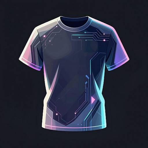 Digital illustration of a glowing, neon-colored, futuristic T-shirt with geometric patterns, illuminated in blue and pink hues against a black background.