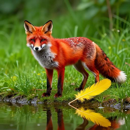 Photograph of a vibrant red fox with white-tipped tail and black legs, standing in grass near a reflective water puddle with a yellow feather on