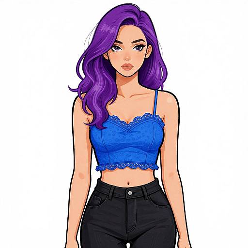 Digital anime-style drawing of a fair-skinned woman with long purple hair, wearing a blue lace crop top and black high-waisted pants.