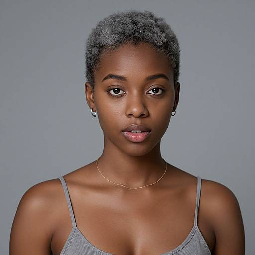 Photograph of a young Black woman with short, curly gray hair, wearing a gray tank top and small hoop earrings, against a plain gray background.