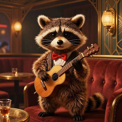 Photorealistic digital art: Furry raccoon in a red bow tie, playing an acoustic guitar in a dimly lit, elegant bar. Warm