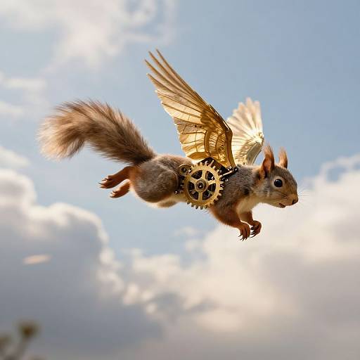Clockwork Squirrel Soaring in Sky