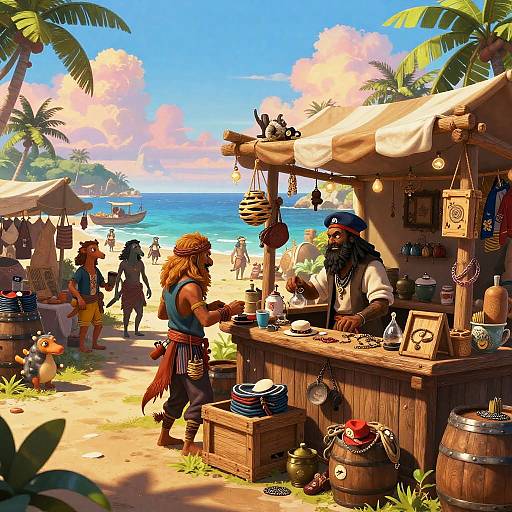 Vibrant digital painting of a pirate market on a tropical beach, featuring a bearded black pirate vendor and a muscular blonde customer, surrounded by colorful