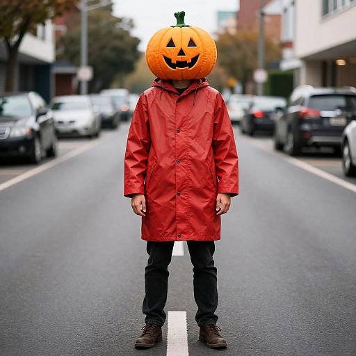 Man in Red Raincoat and Pumpkin Costume