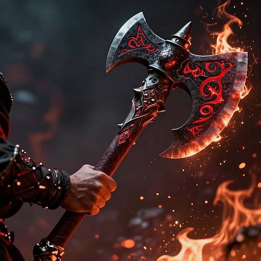 Photograph of a close-up, fiery, ornate battle axe with red tribal patterns, held by a gloved hand against a dark, smoky