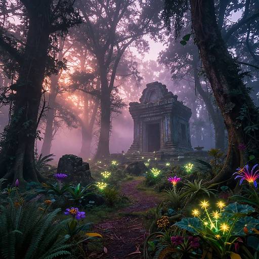 Mystical forest scene with glowing flowers, ancient stone temple, misty atmosphere, and ethereal sunlight filtering through tall trees. Photorealistic digital