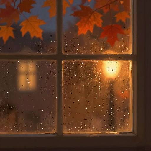 Photograph of a rain-streaked window at dusk, with vibrant orange autumn leaves outside and a warm, glowing streetlamp in the background.