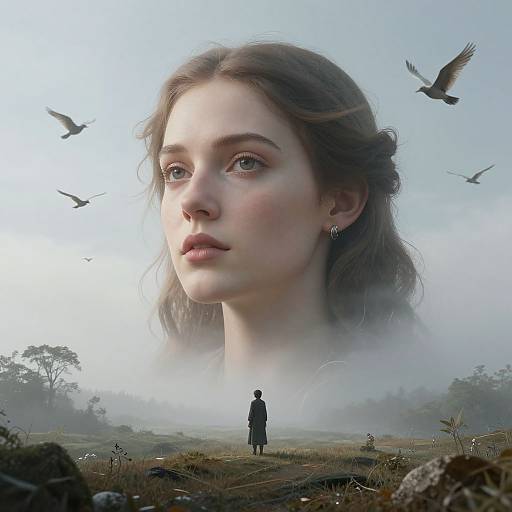 Digital art: Giant, ethereal portrait of young woman with fair skin and brown hair, standing alone in misty, bird-filled landscape.