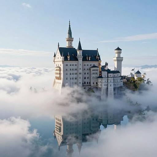 Photograph of a majestic, white, castle-like fortress with multiple turrets and towers, reflecting in a misty, cloud-covered lake. Bright blue