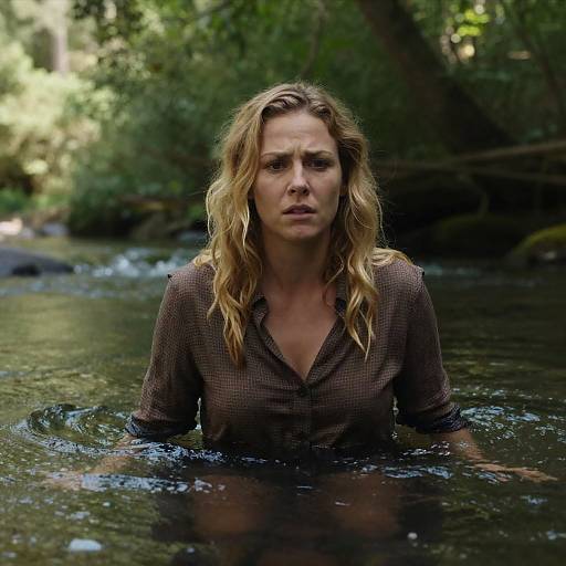 Concerned Woman in a Rippling River