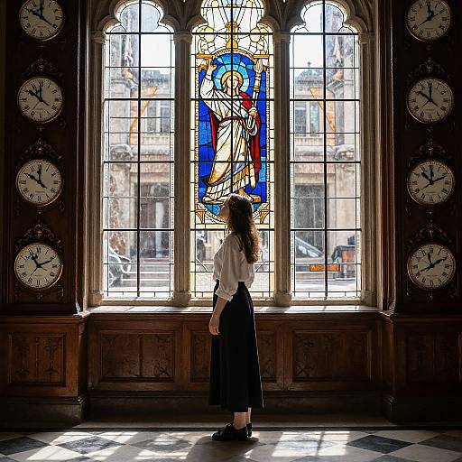 Photograph of a woman in white blouse and black skirt, standing before a large stained glass window with clock faces, sunlight streaming in, checkered floor
