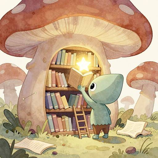 Whimsical Alien Reading in Mushroom Library