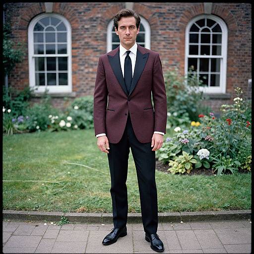 Photograph of a serious-looking man in a dark brown blazer, white shirt, black tie, and black pants, standing on a paved path in