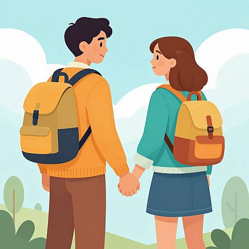 Digital illustration of a smiling couple holding hands, both wearing backpacks, standing outdoors with a bright blue sky and greenery.