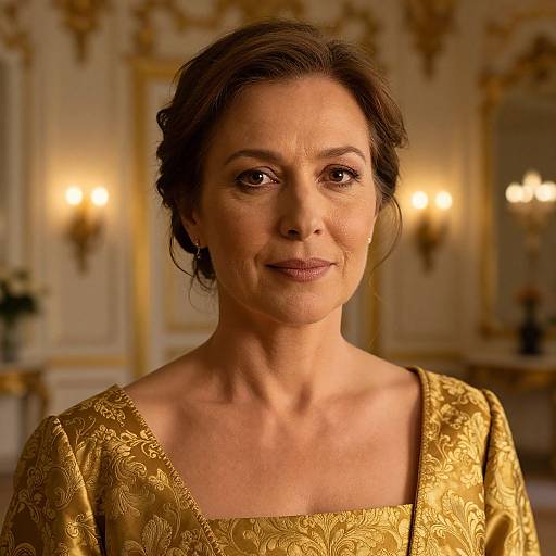 Photograph of a middle-aged woman with light brown hair in an elegant updo, wearing a gold, ornate dress, standing in a warmly lit