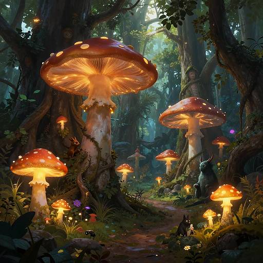 Fairy-tale forest scene with glowing, giant mushrooms illuminated by sunlight, surrounded by dense trees, colorful fireflies, and a winding path. Digital