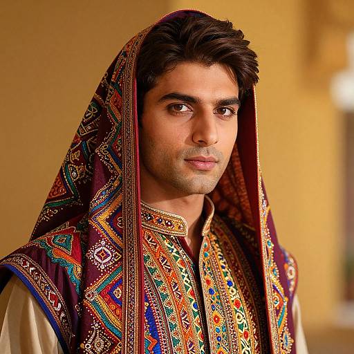 Photograph of a handsome South Asian man with olive skin, dark hair, and brown eyes, wearing a colorful, intricately embroidered traditional outfit with a