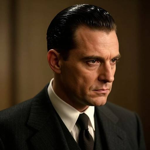 Photograph of a serious, fair-skinned man with slicked-back black hair, wearing a black suit, white shirt, and black tie, against