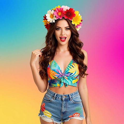 Photograph of a smiling woman with long wavy brown hair, wearing a colorful floral headband, tie-dye crop top, and high-wa