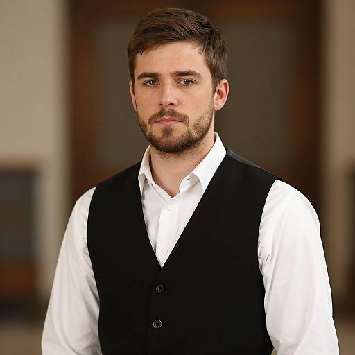 Photograph of a young Caucasian man with short brown hair and beard, wearing a white shirt and black vest, standing in a blurred indoor setting.