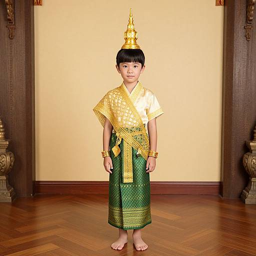 Photorealistic CGI of a young Asian boy in traditional Thai attire, gold and green, with a tall, gold temple hat, standing barefoot on
