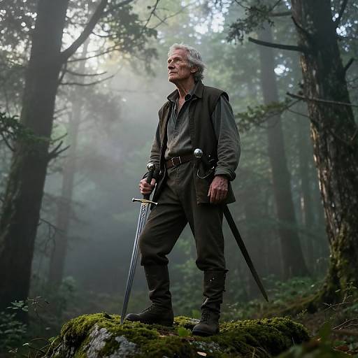 Elderly man with gray hair, wearing dark vest and pants, standing in misty forest with two swords, moss-covered rock foreground. Photographic