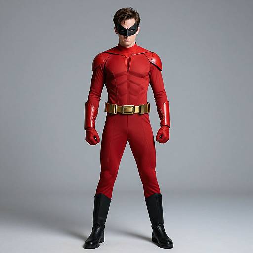 Photograph of a muscular man in a red superhero suit with black boots, gloves, belt, and mask, standing against a plain gray background.