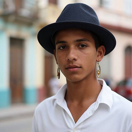 Photograph of a young Latino man with medium brown skin, wearing a black hat, white shirt, and gold hoop earrings, standing in a blurred urban