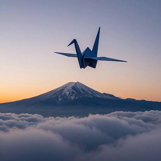 Photograph of a sleek, blue military jet soaring above a snow-capped mountain, surrounded by fluffy clouds, at sunset.