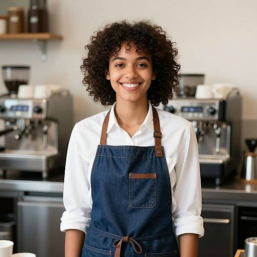 Photograph of a smiling young Black woman with curly hair, wearing a white shirt and dark blue denim apron, standing in a modern coffee shop with