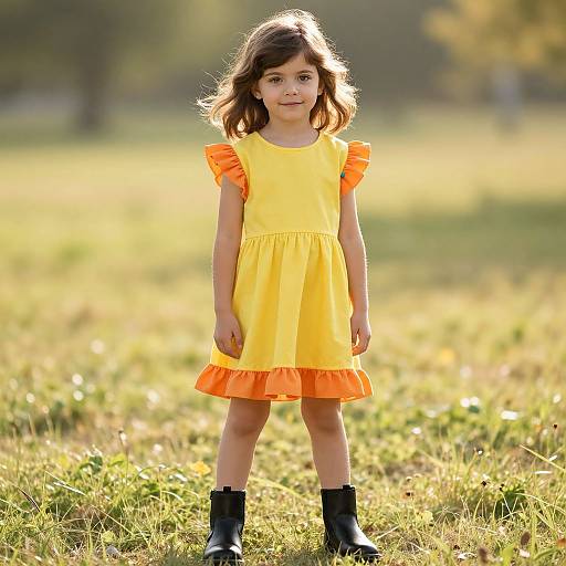 Photograph of a young girl with shoulder-length brown hair, wearing a yellow dress with orange ruffles and black boots, standing in a sunlit grass