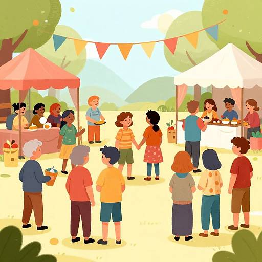 Colorful digital illustration of a lively outdoor fair with diverse children and adults, colorful tents, trees, and bunting, eating and socializing.