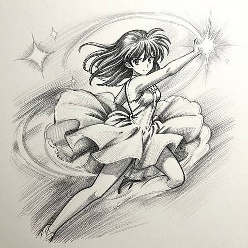 Black-and-white anime drawing of a dynamic, long-haired girl in a flowing dress casting a glowing spell, with swirling energy and sparkles around her.