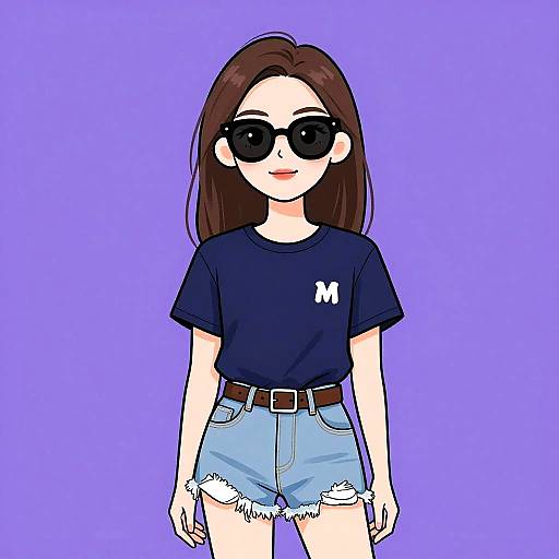 Digital anime-style drawing of a young woman with long brown hair, black sunglasses, navy M-shirt, and frayed light blue shorts, against a solid