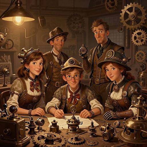 Steampunk workshop illustration: four young people with mechanical hats and gears, writing and inventing under a warm, industrial light.