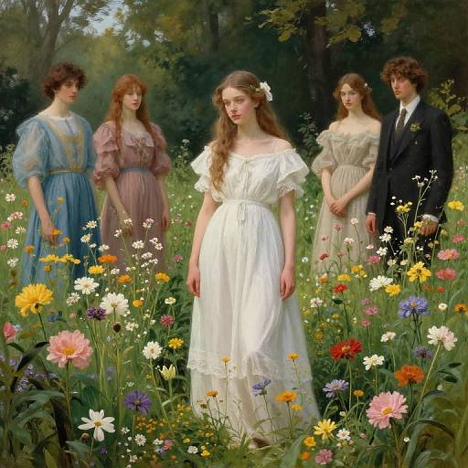 Digital painting of four Victorian-style individuals in a sunlit meadow with vibrant flowers, featuring a central woman in a white dress.