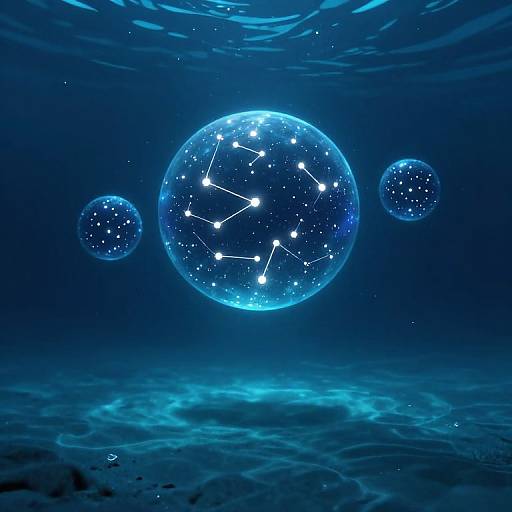 Digital illustration of glowing blue spheres floating in a dark, watery abyss, with constellation-like star patterns on the central sphere.
