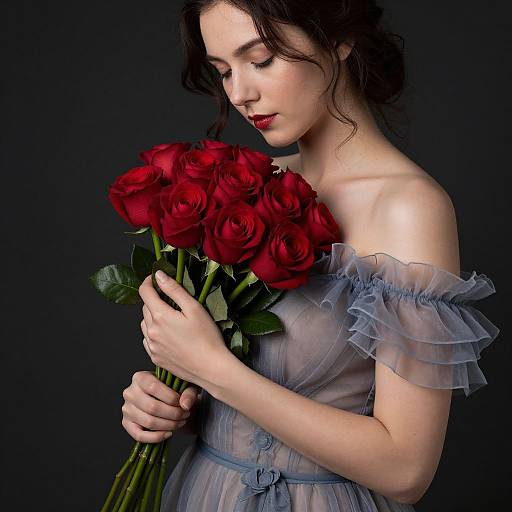 Photograph of a fair-skinned woman with dark curly hair, wearing a sheer blue off-shoulder dress, holding a bouquet of vibrant red roses