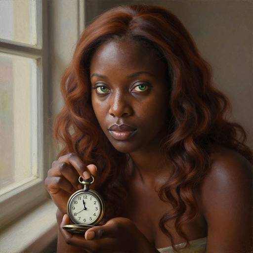 Photograph of a dark-skinned woman with long, wavy auburn hair, green eyes, holding a vintage pocket watch near a window,