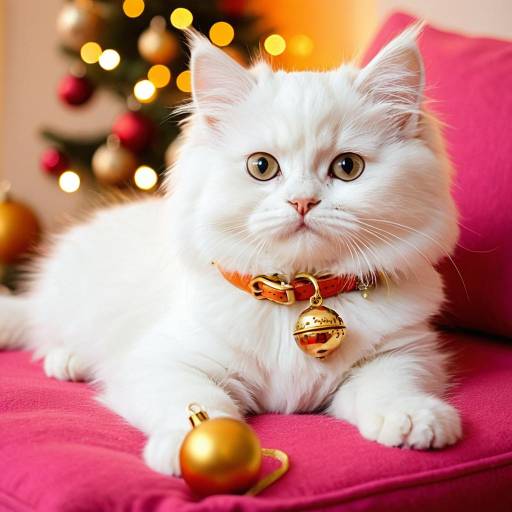 White Persian Cat with Jingle Bell Collar on Pink Cushion