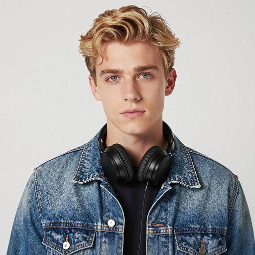Young Man with Headphones and Denim Jacket