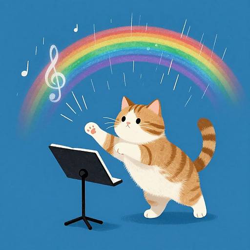 Digital illustration of an orange-striped, white cat standing on hind legs, playing a music stand with a glowing treble clef, under a vibrant rainbow