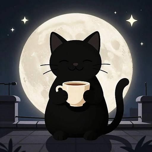 Whimsical Black Cat with Teacup
