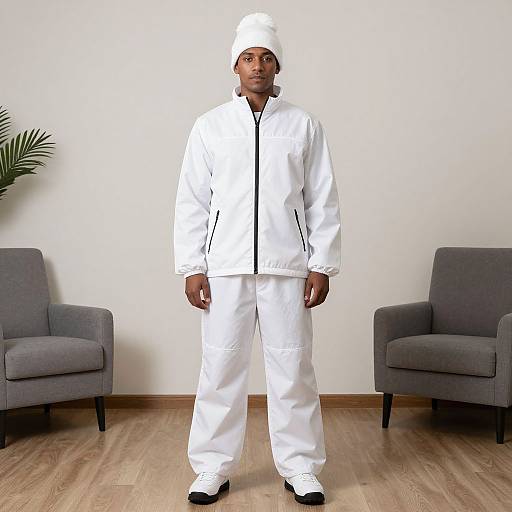 Photograph of a Black man wearing a white outfit, including a hat, standing in a room with gray chairs and a potted plant.