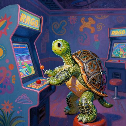 Photorealistic digital art of a green turtle with detailed shell playing an arcade game in a colorful, neon-lit arcade room.