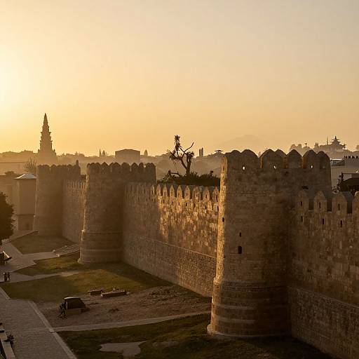Photograph of a sunlit, ancient stone fortress with crenellated battlements, silhouetted against a golden sunset sky, with scattered