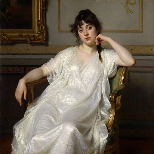 Classical painting of a pale-skinned woman with dark hair, wearing a white, semi-transparent gown, reclining in an ornate chair, g