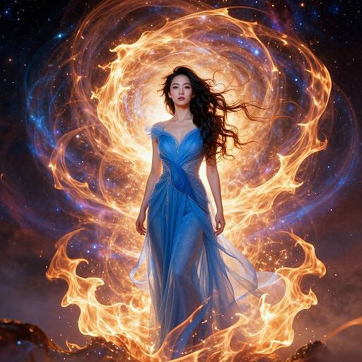 Photograph-like digital art of a beautiful woman with long black hair in a flowing blue dress, surrounded by swirling, glowing flames against a starry night