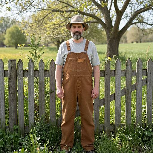 Photograph of a bearded man with a gray beard, wearing a tan hat, white shirt, and brown overalls, standing in front of a