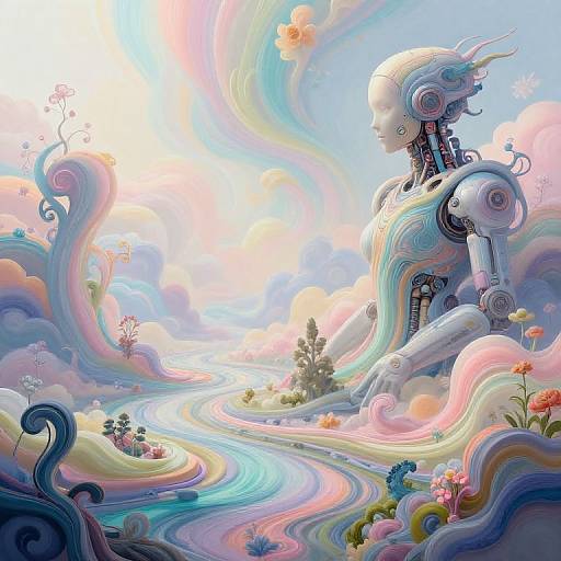 Digital surreal artwork of a futuristic, pastel-colored robot with flowing, rainbow-hued hair standing in a vibrant, whimsical landscape.